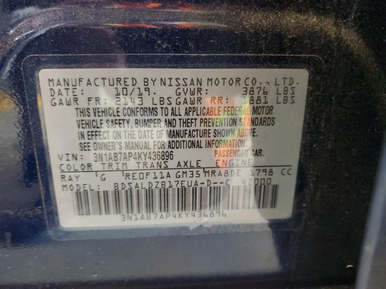 3N1AB7AP4KY436896 2019 Nissan Sentra S