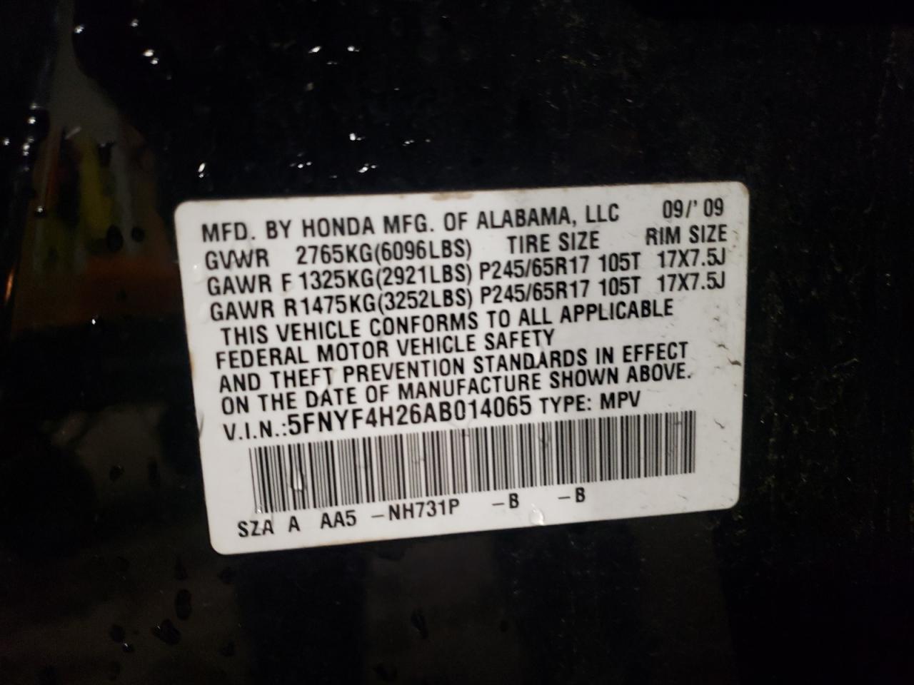 5FNYF4H26AB014065 2010 Honda Pilot Lx