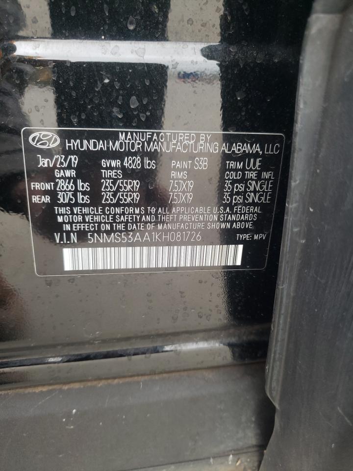 5NMS53AA1KH081726 2019 Hyundai Santa Fe Limited