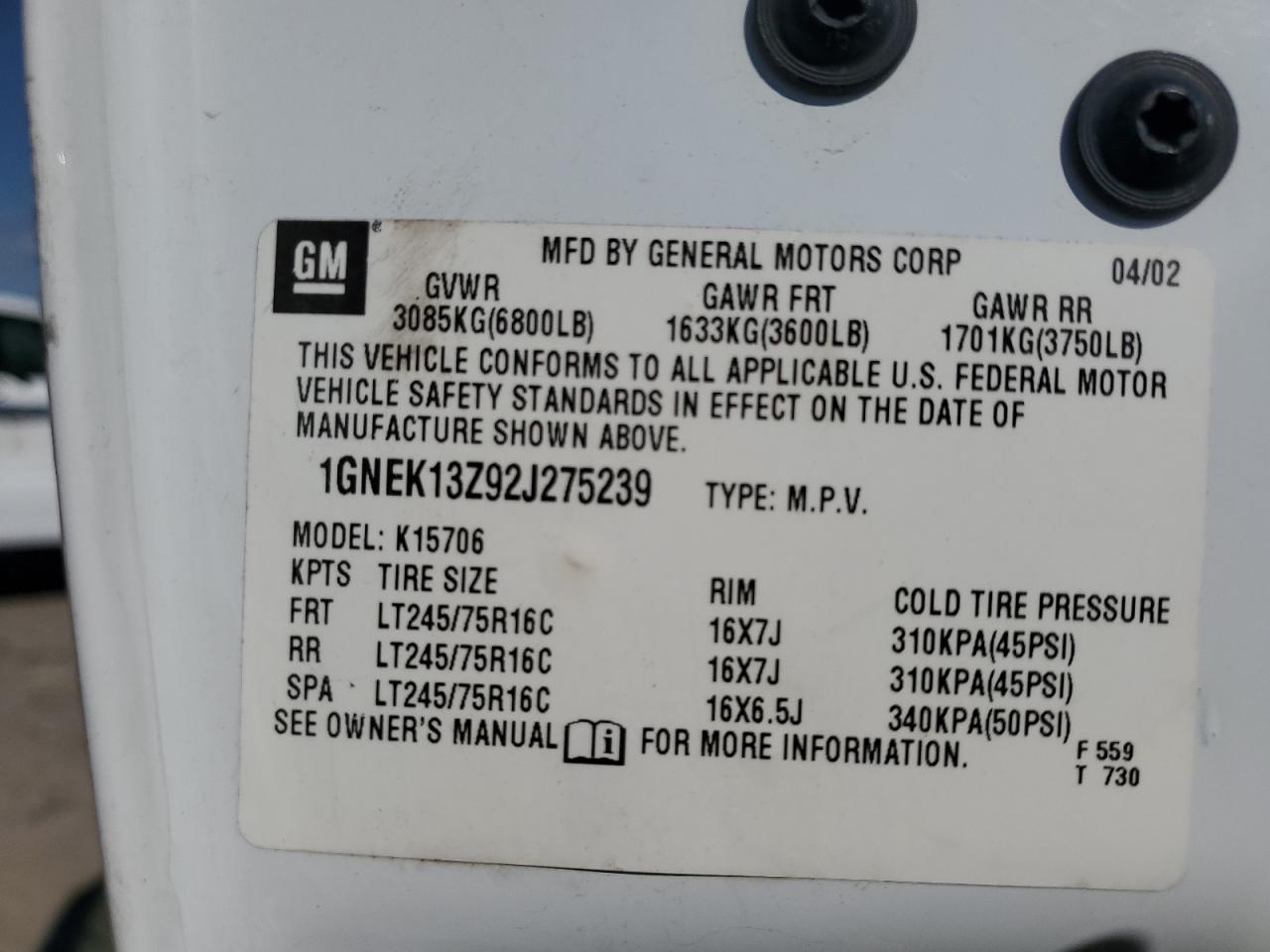 1GNEK13Z92J275239 2002 Chevrolet Tahoe K1500