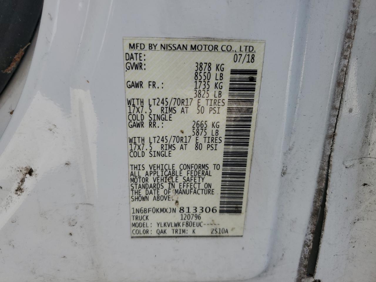 1N6BF0KMXJN813306 2018 Nissan Nv 1500 S