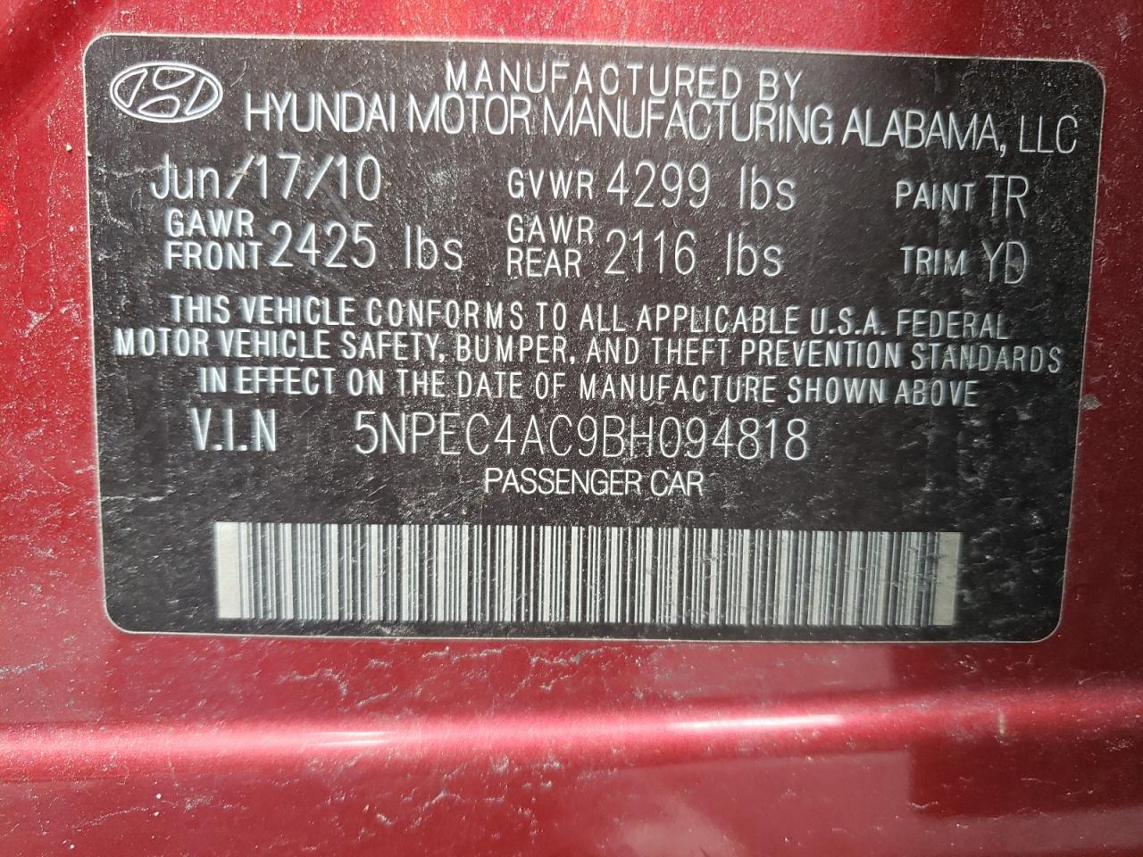 5NPEC4AC9BH094818 2011 Hyundai Sonata Se