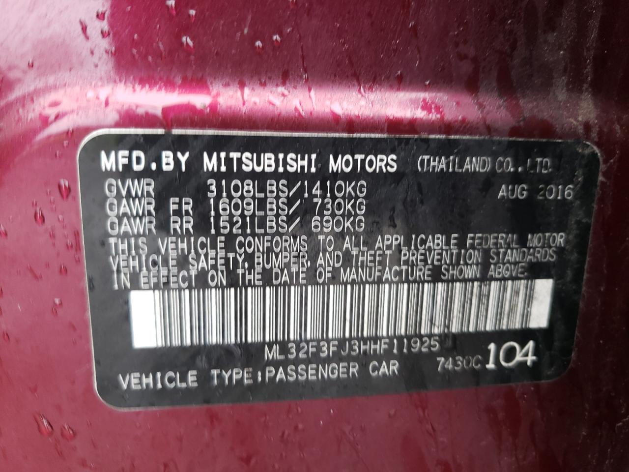 2017 Mitsubishi Mirage G4 Es vin: ML32F3FJ3HHF11925