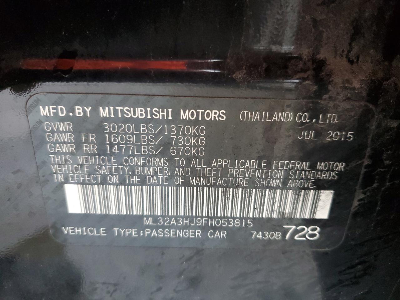 ML32A3HJ9FH053815 2015 Mitsubishi Mirage De