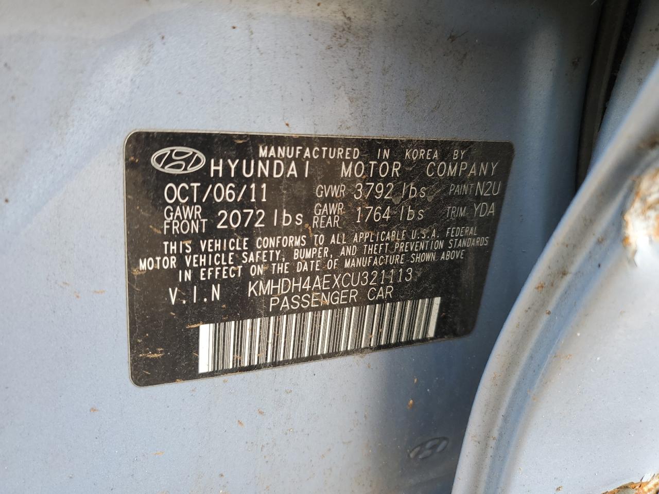 KMHDH4AEXCU321113 2012 Hyundai Elantra Gls