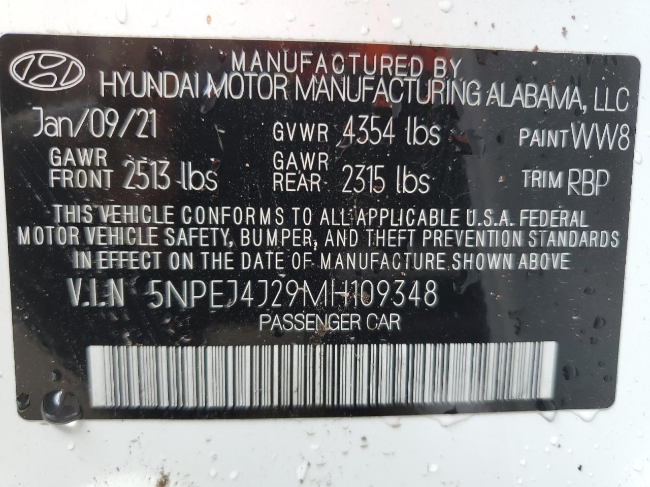 5NPEJ4J29MH109348 2021 Hyundai Sonata Sel Plus