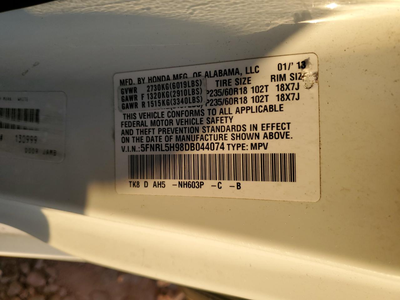 5FNRL5H98DB044074 2013 Honda Odyssey Touring