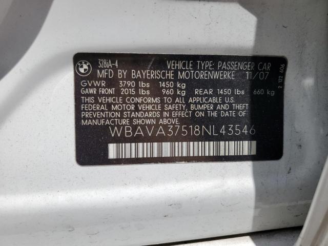 2008 BMW 328 I VIN: WBAVA37518NL43546 Lot: 48909574