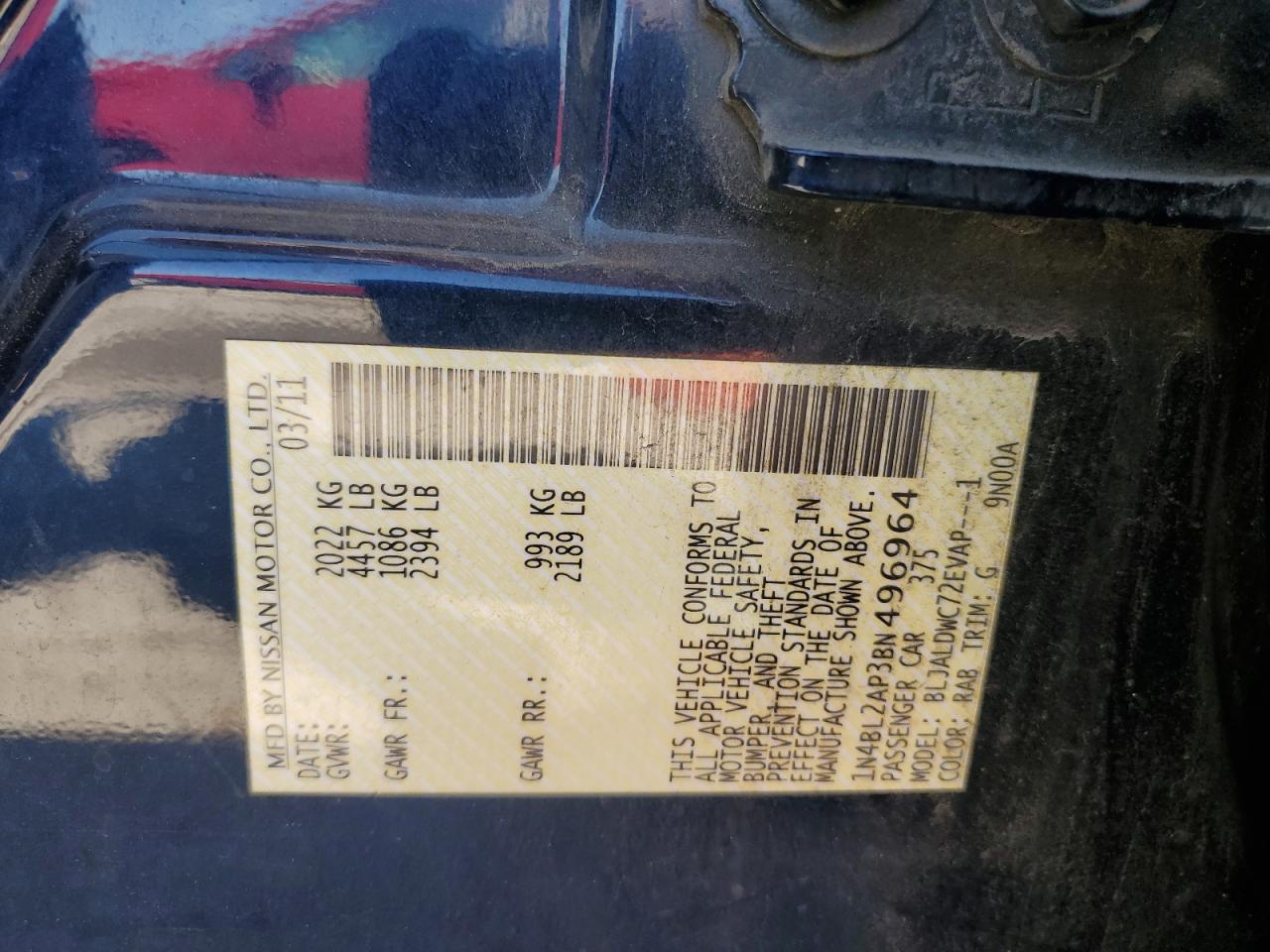 1N4BL2AP3BN496964 2011 Nissan Altima Sr