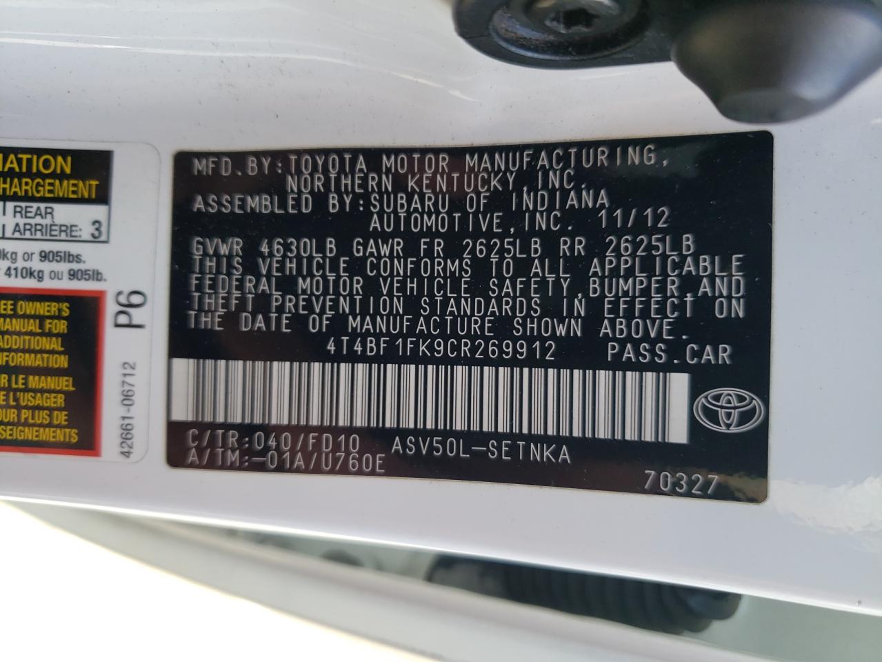 4T4BF1FK9CR269912 2012 Toyota Camry Base