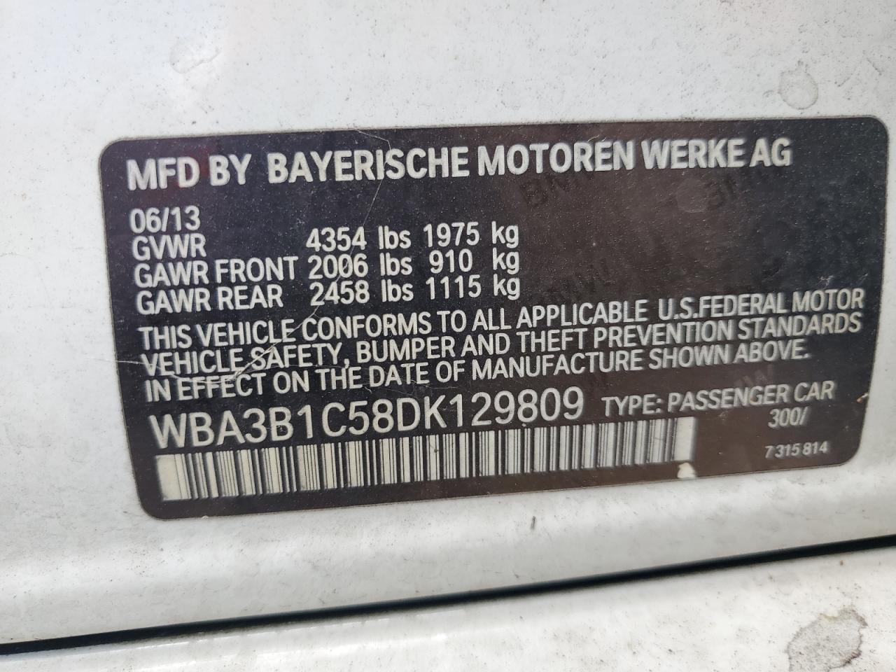 WBA3B1C58DK129809 2013 BMW 320 I