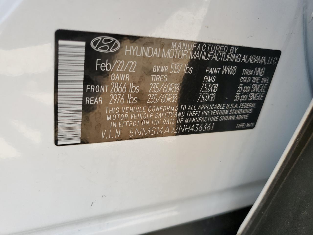 5NMS14AJ2NH436361 2022 Hyundai Santa Fe Se