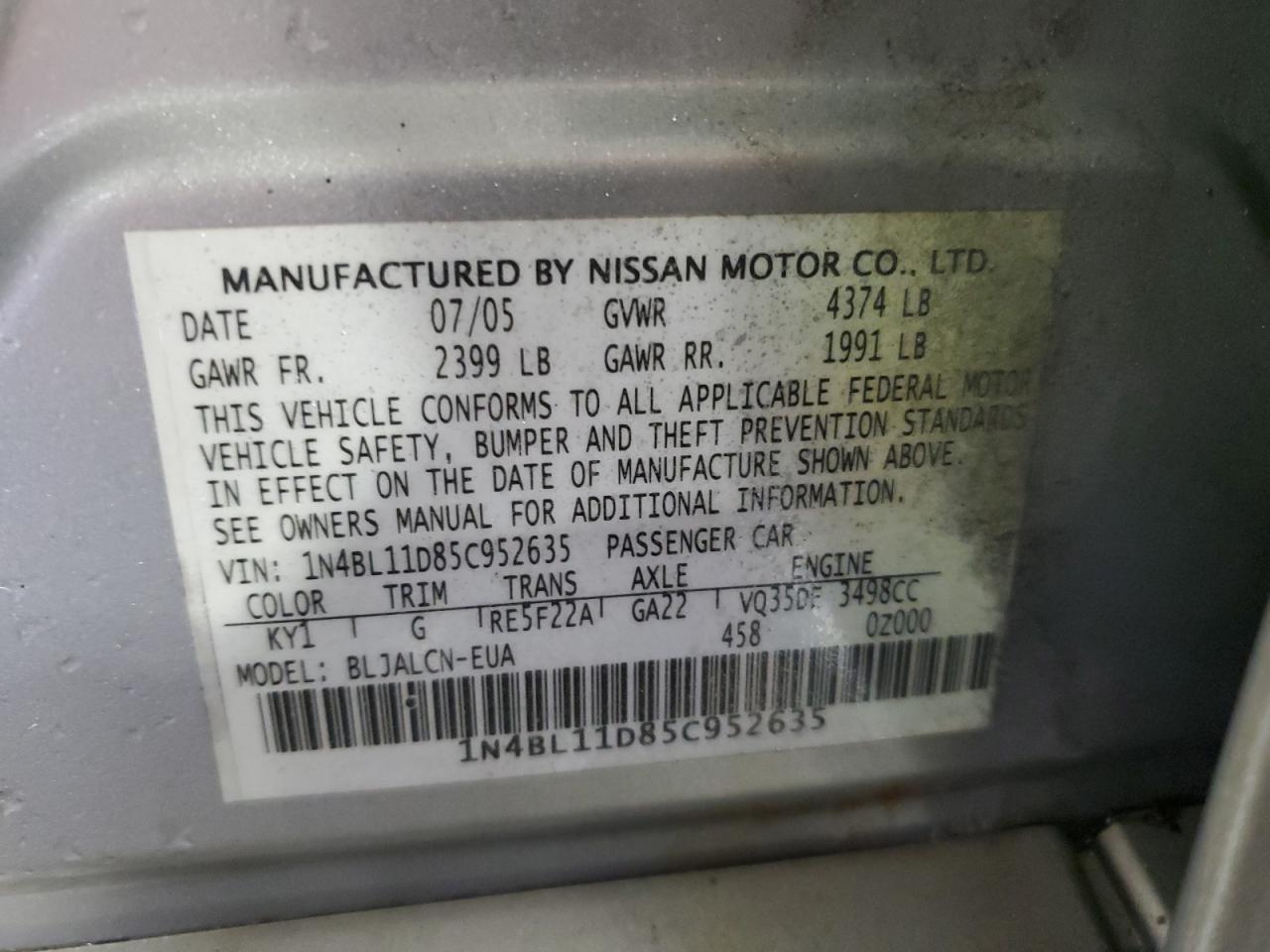 1N4BL11D85C952635 2005 Nissan Altima Se