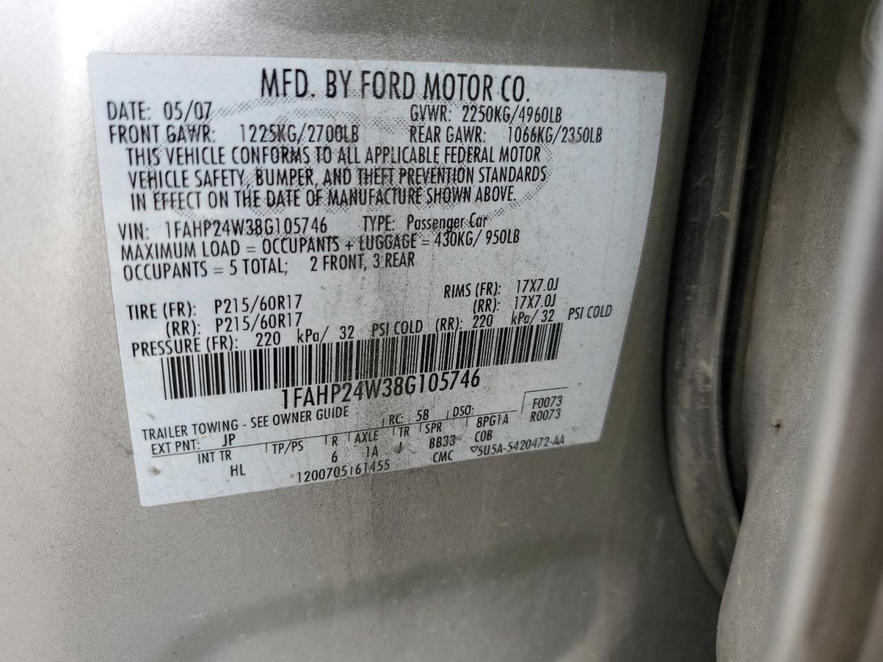 1FAHP24W38G105746 2008 Ford Taurus Sel