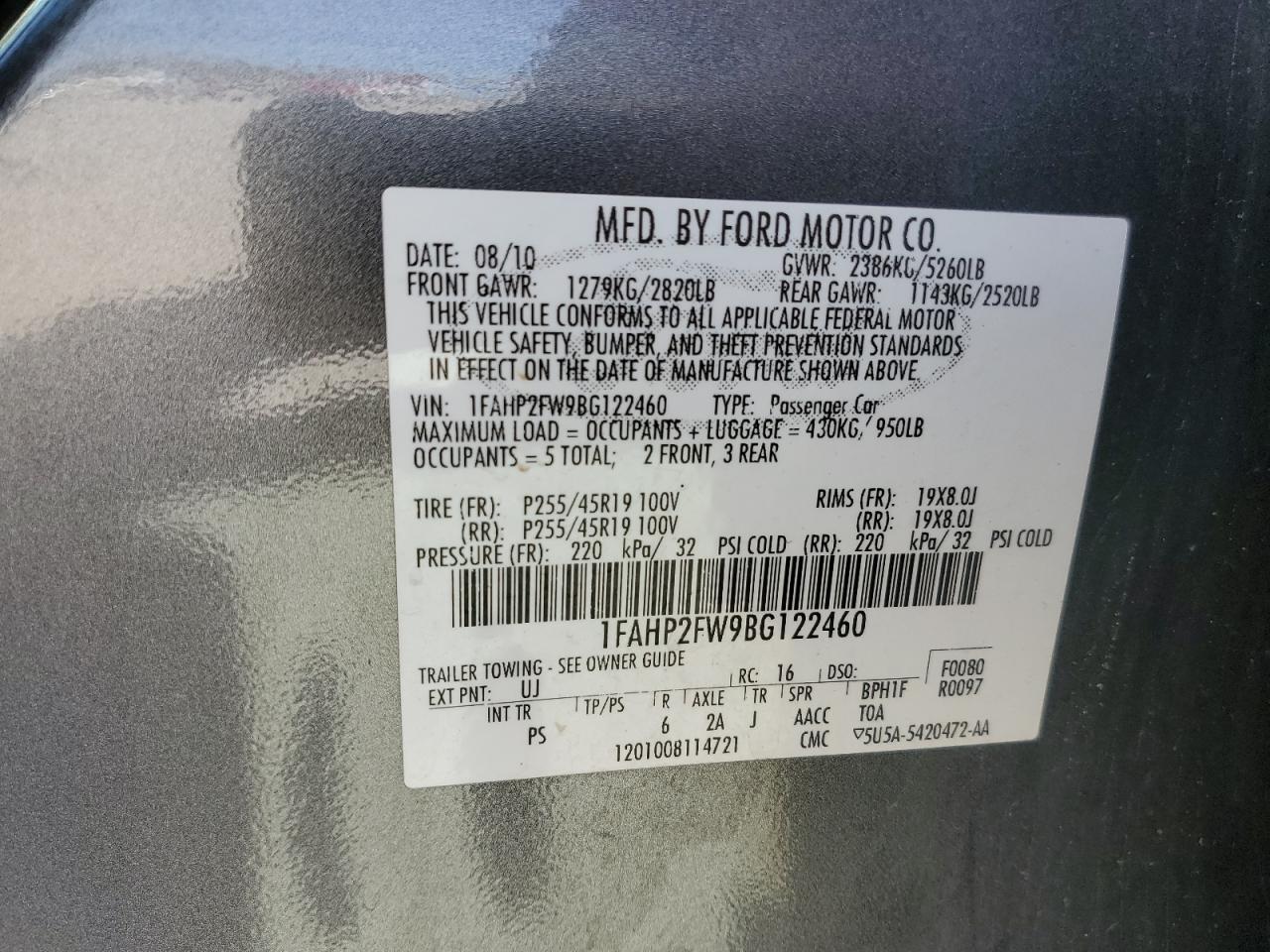 1FAHP2FW9BG122460 2011 Ford Taurus Limited