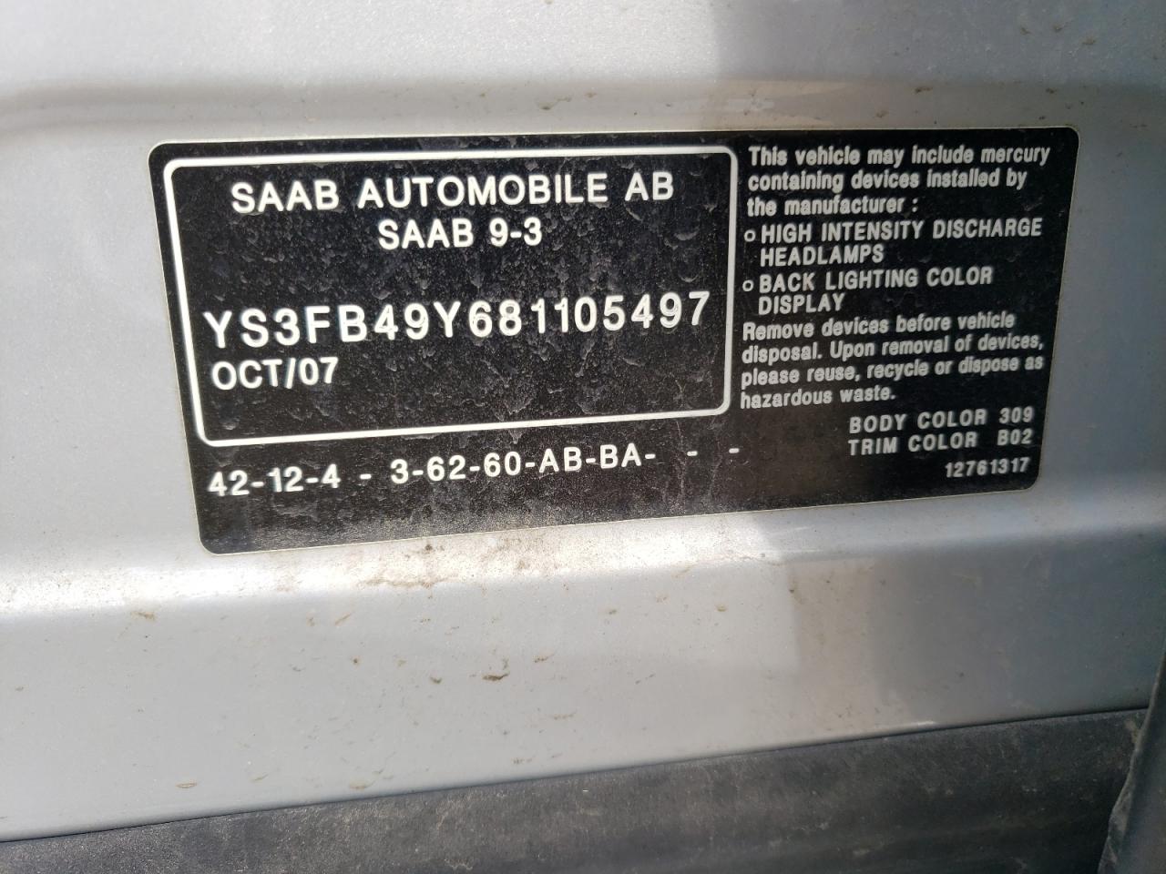 YS3FB49Y681105497 2008 Saab 9-3 2.0T