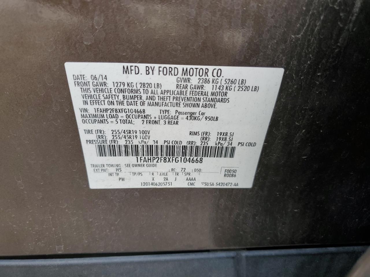 1FAHP2F8XFG104668 2015 Ford Taurus Limited