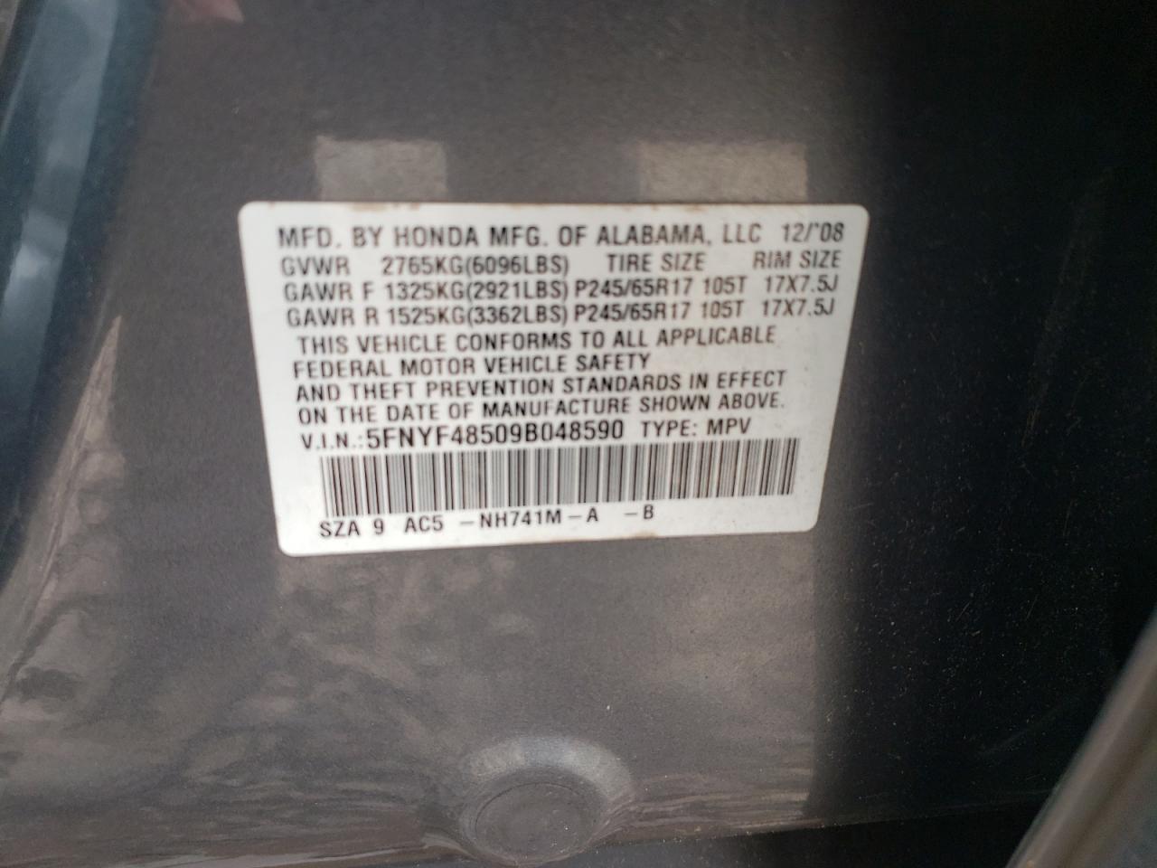 5FNYF48509B048590 2009 Honda Pilot Exl