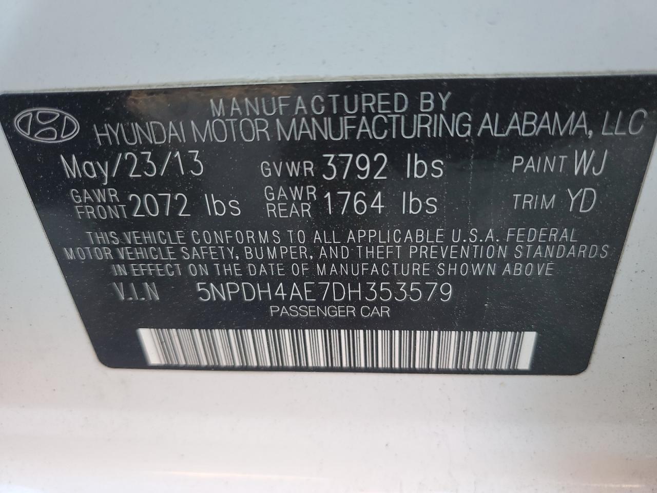 5NPDH4AE7DH353579 2013 Hyundai Elantra Gls