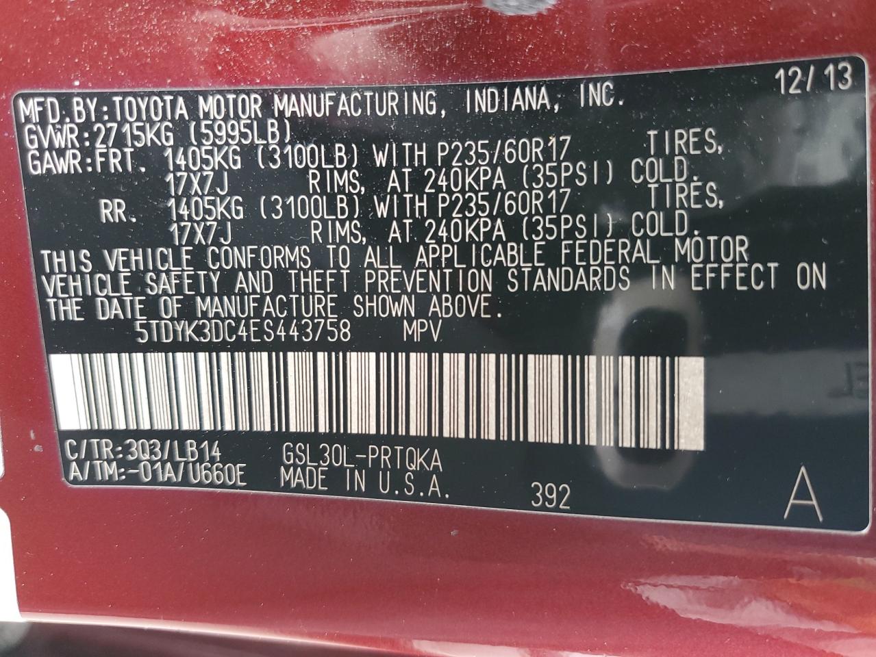 5TDYK3DC4ES443758 2014 Toyota Sienna Xle