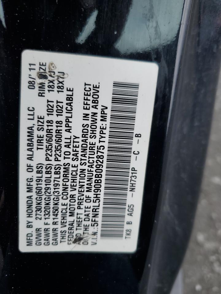 5FNRL5H90BB092875 2011 Honda Odyssey Touring