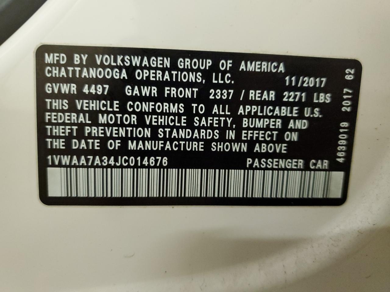 1VWAA7A34JC014676 2018 Volkswagen Passat S