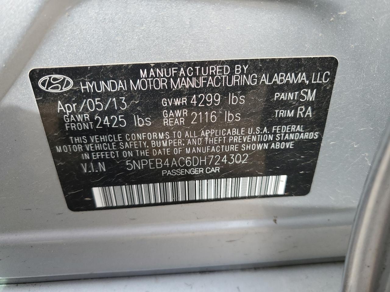 5NPEB4AC6DH724302 2013 Hyundai Sonata Gls