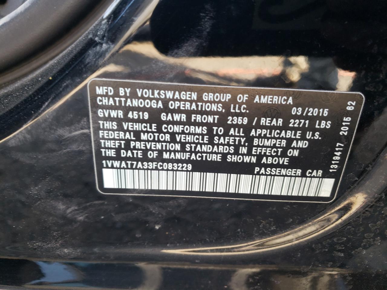 1VWAT7A33FC083229 2015 Volkswagen Passat S