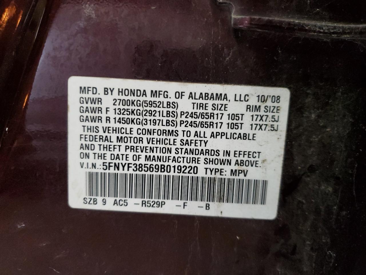 5FNYF38569B019220 2009 Honda Pilot Exl