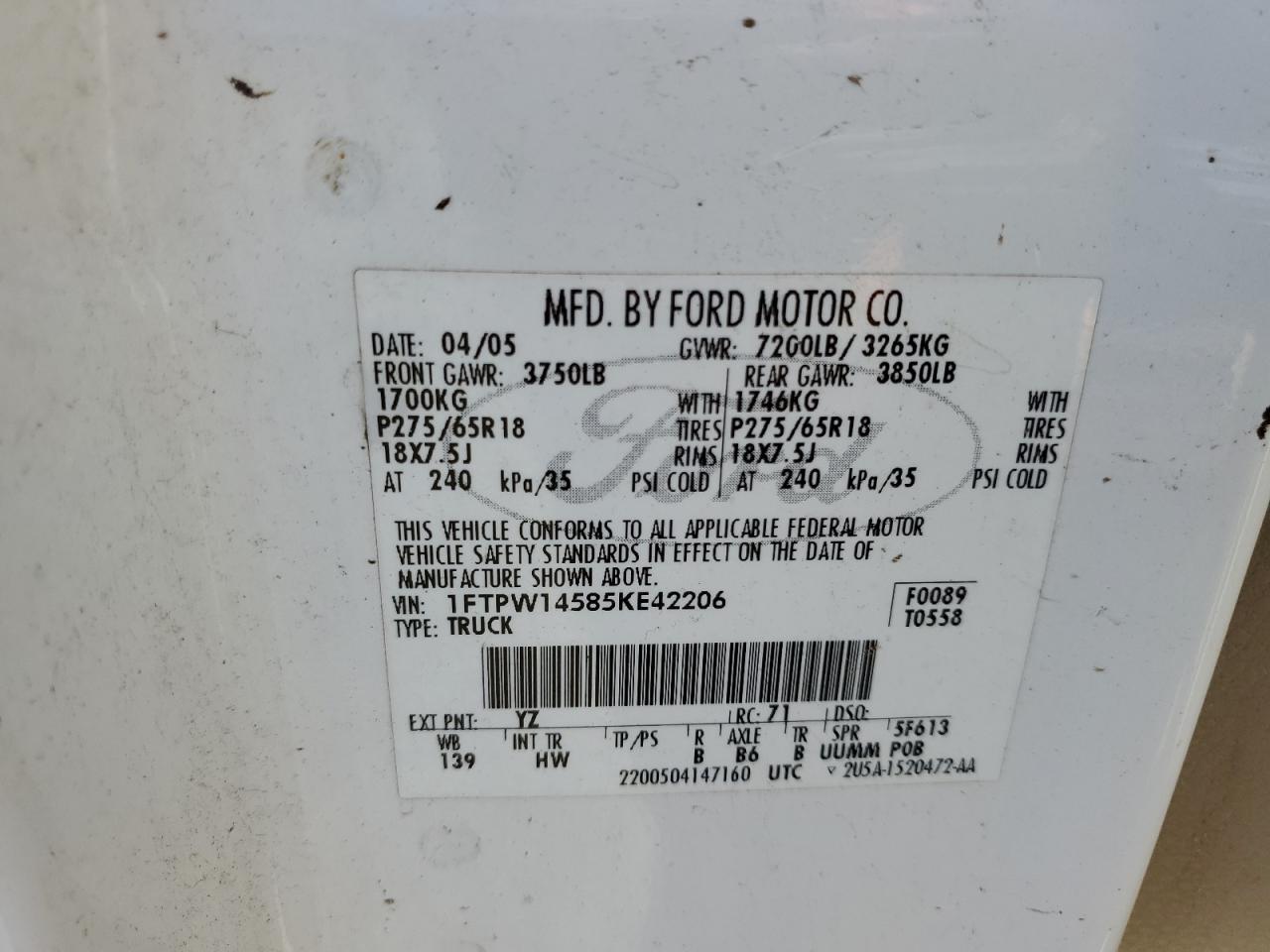 1FTPW14585KE42206 2005 Ford F150 Supercrew