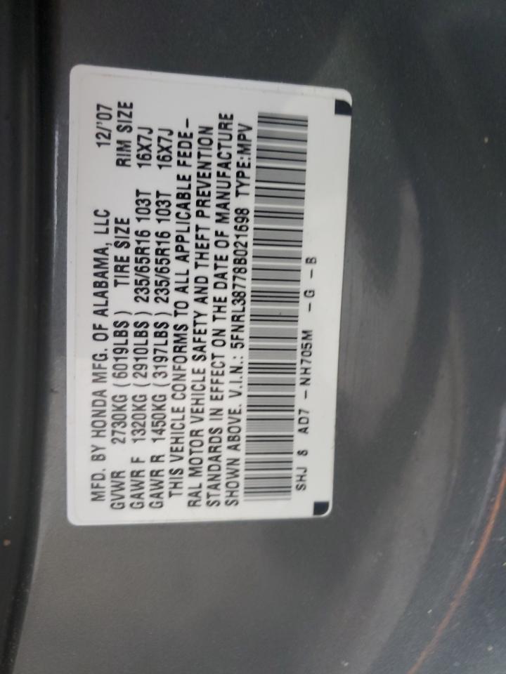 5FNRL38778B021698 2008 Honda Odyssey Exl