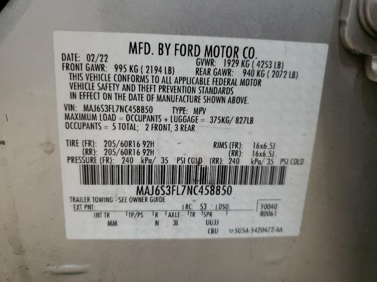 MAJ6S3FL7NC458850 2022 Ford Ecosport S