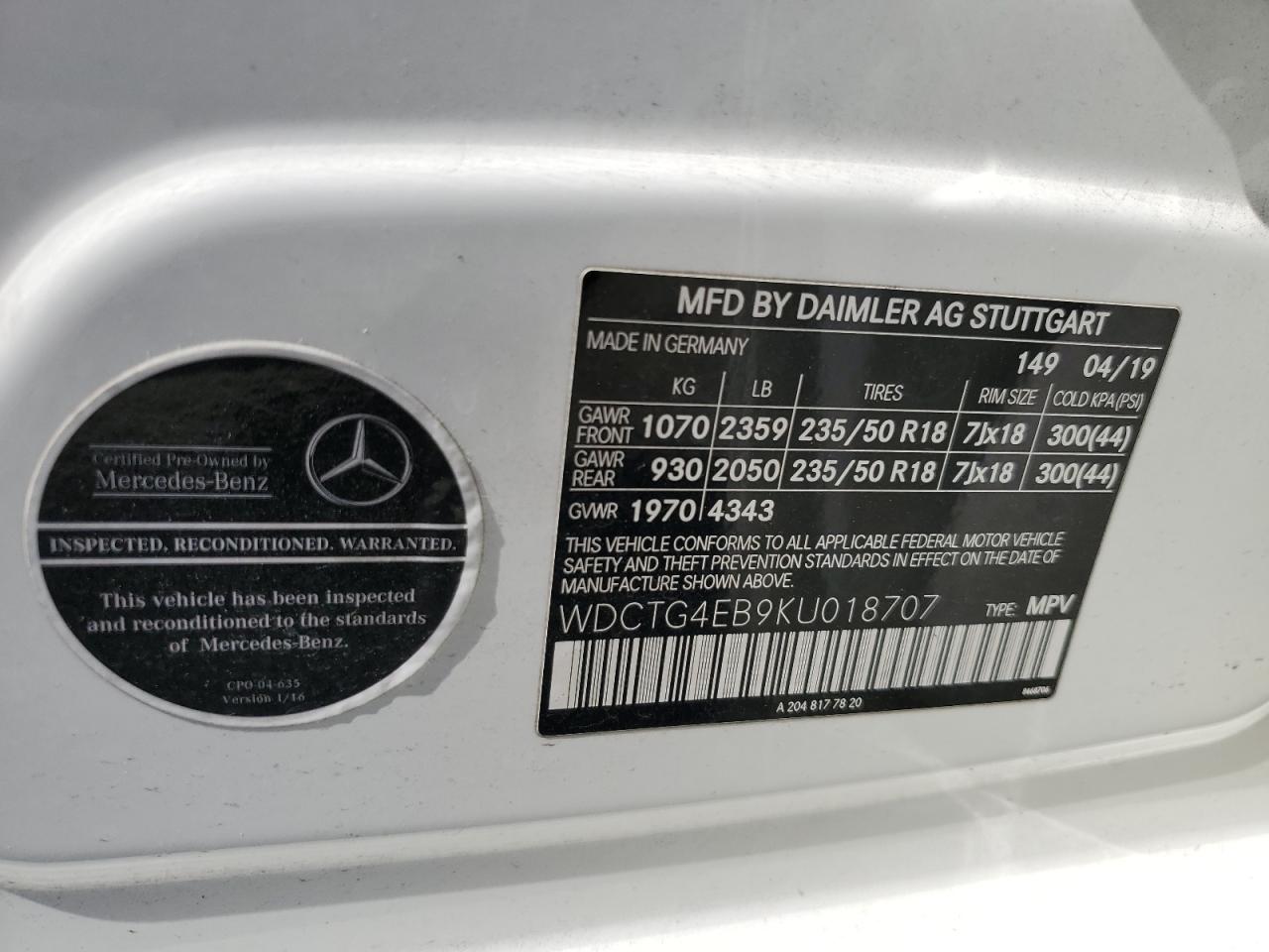 2019 Mercedes-Benz Gla 250 vin: WDCTG4EB9KU018707