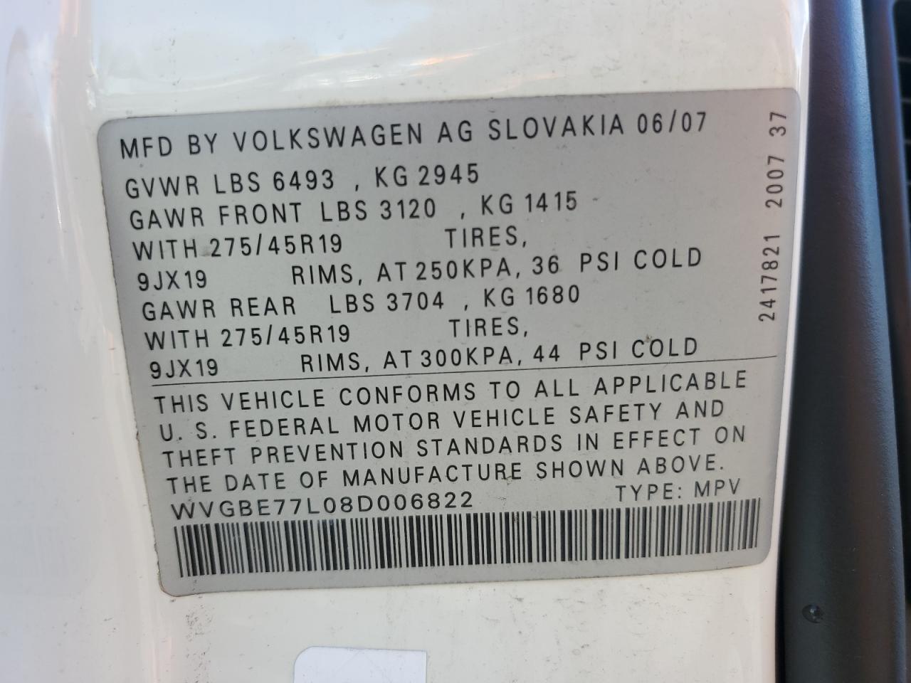 WVGBE77L08D006822 2008 Volkswagen Touareg 2 V6