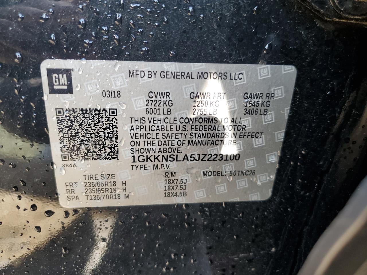 1GKKNSLA5JZ223100 2018 GMC Acadia Sle