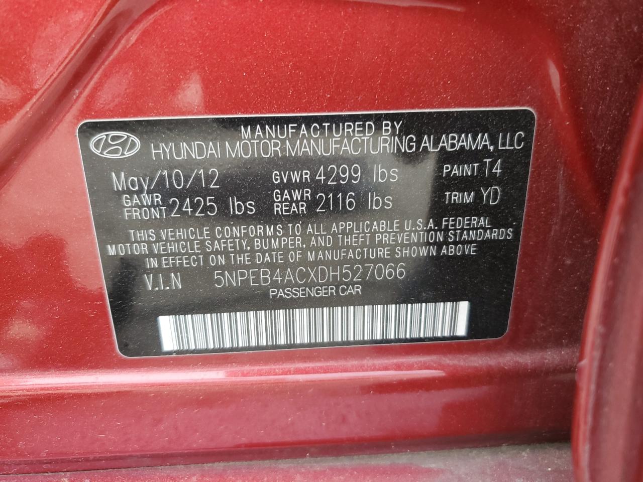 5NPEB4ACXDH527066 2013 Hyundai Sonata Gls