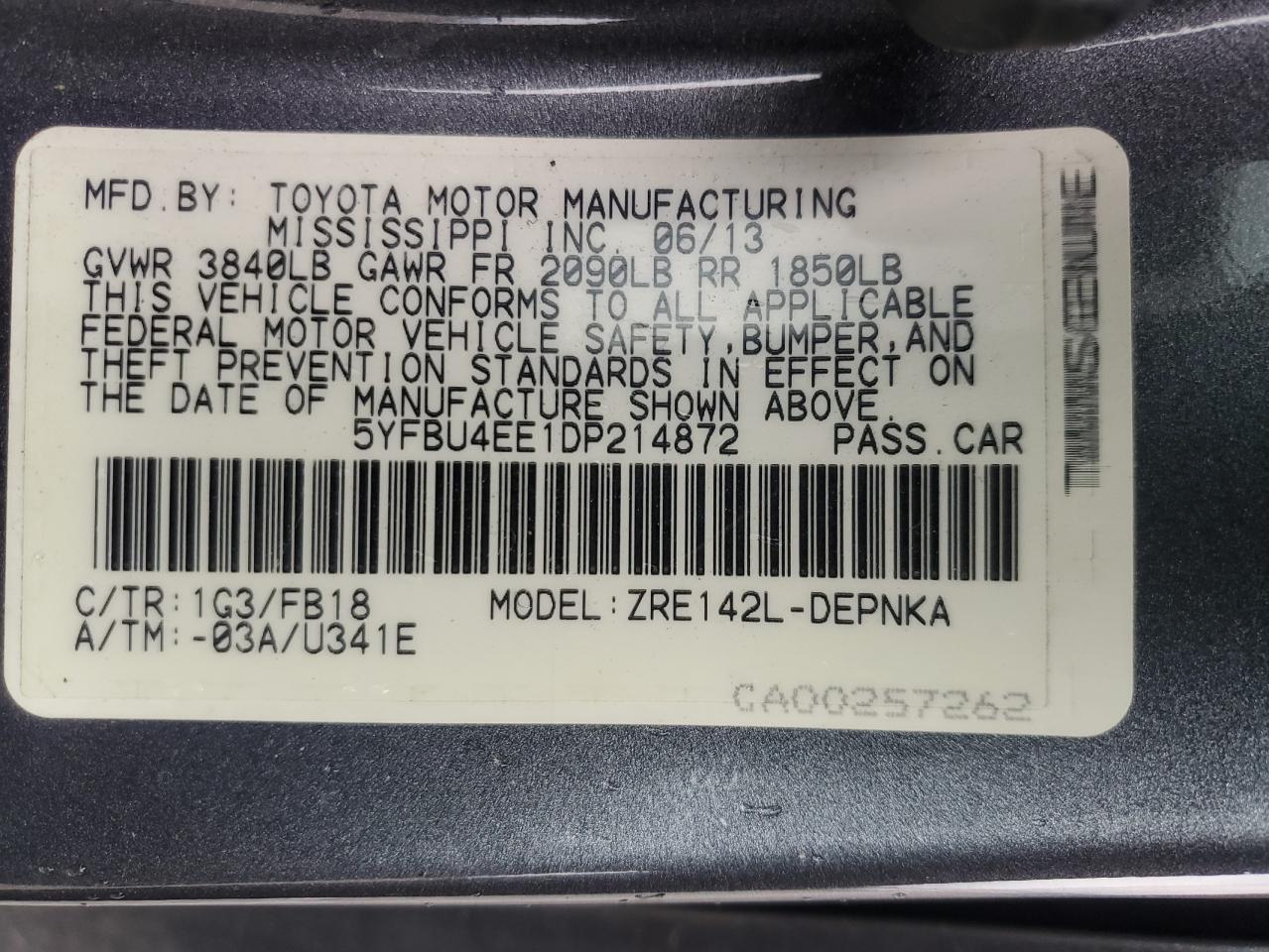 5YFBU4EE1DP214872 2013 Toyota Corolla Base