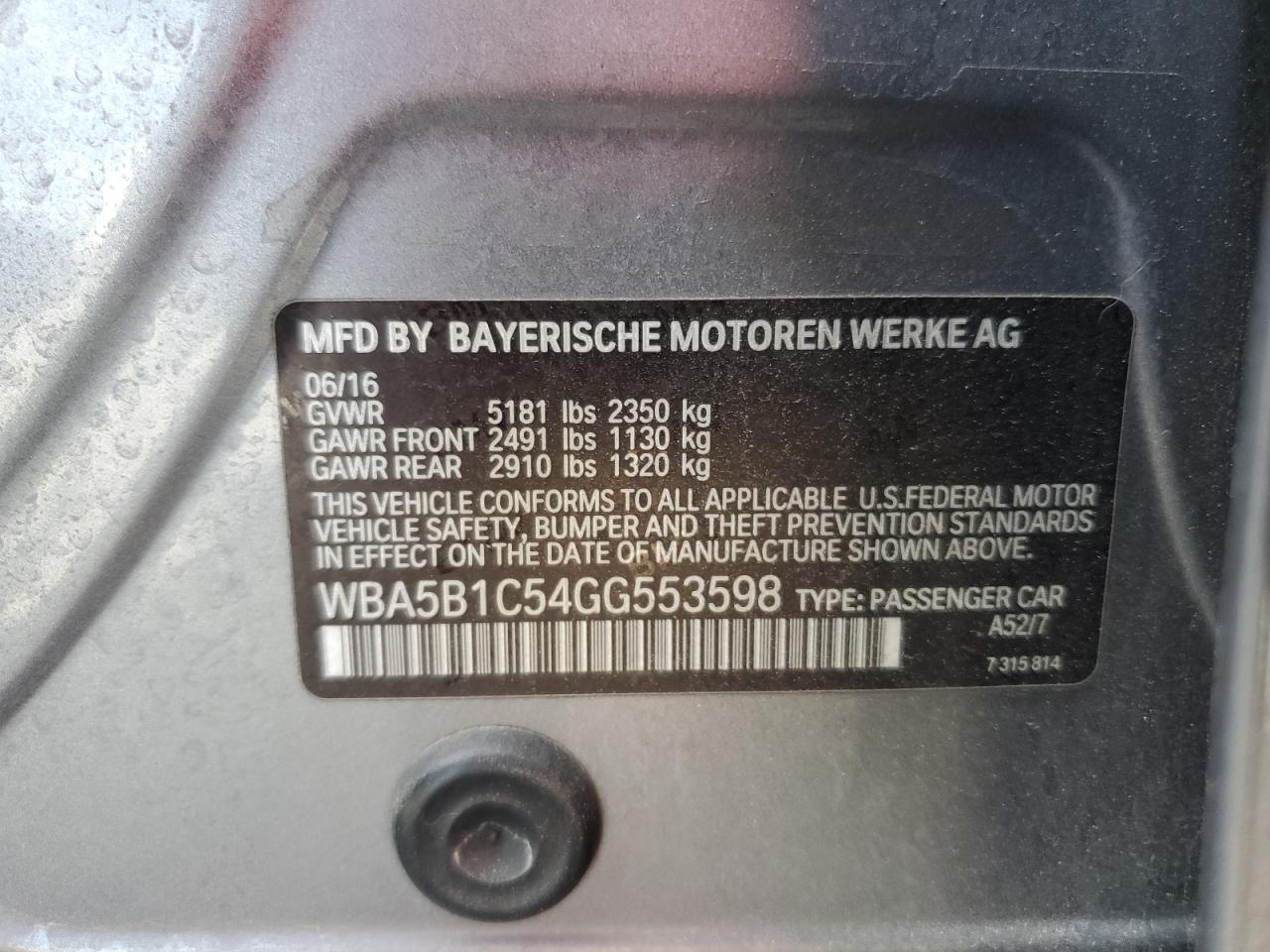 WBA5B1C54GG553598 2016 BMW 535 I