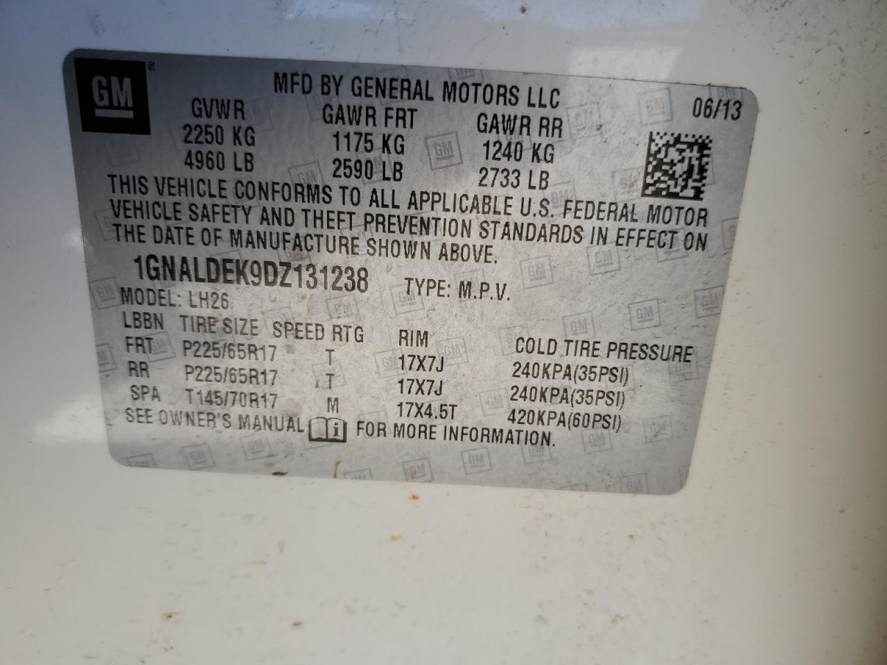 1GNALDEK9DZ131238 2013 Chevrolet Equinox Lt