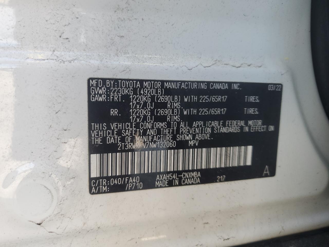 2T3RWRFV7NW132060 2022 Toyota Rav4 Xle