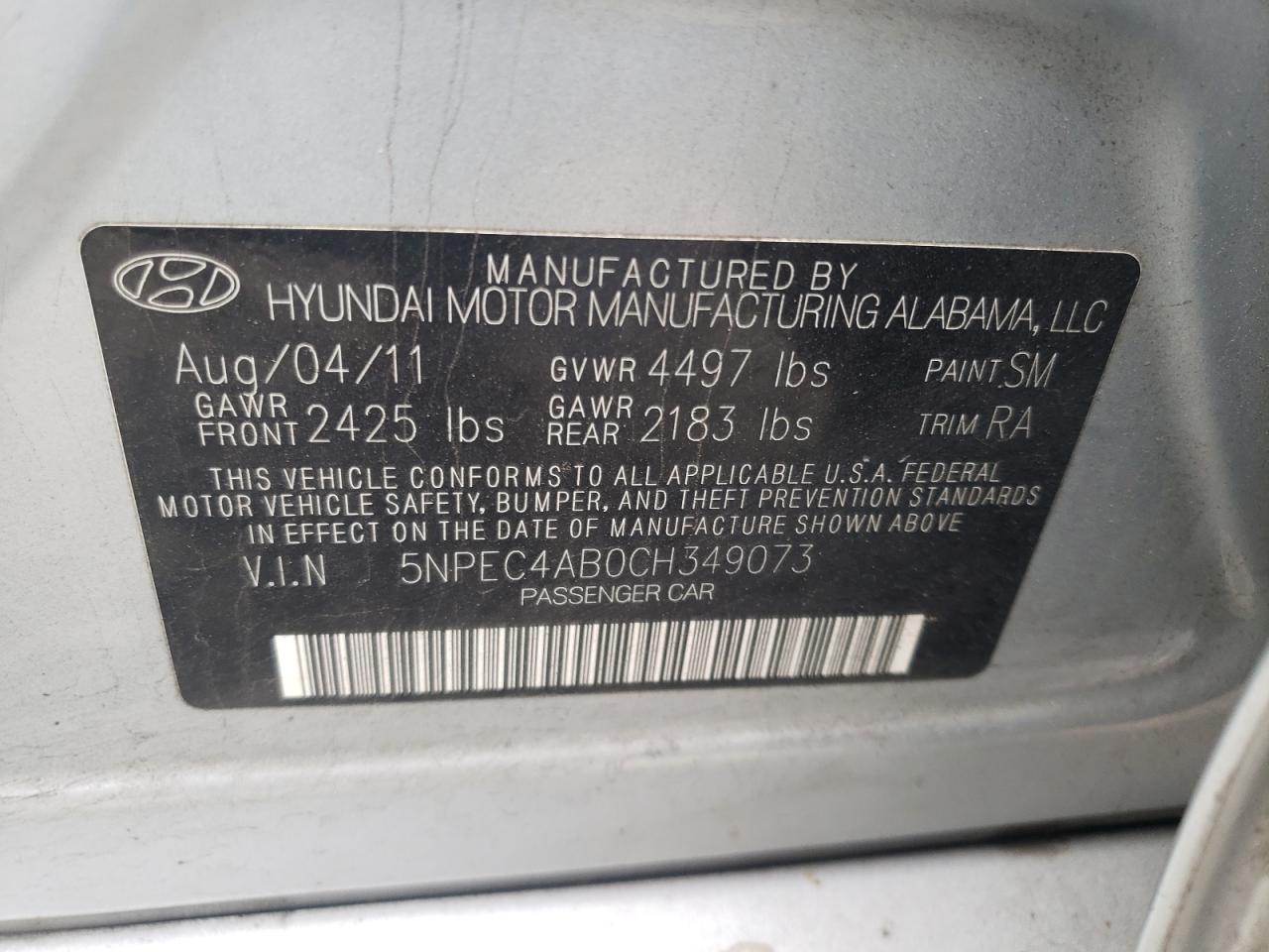 5NPEC4AB0CH349073 2012 Hyundai Sonata Se