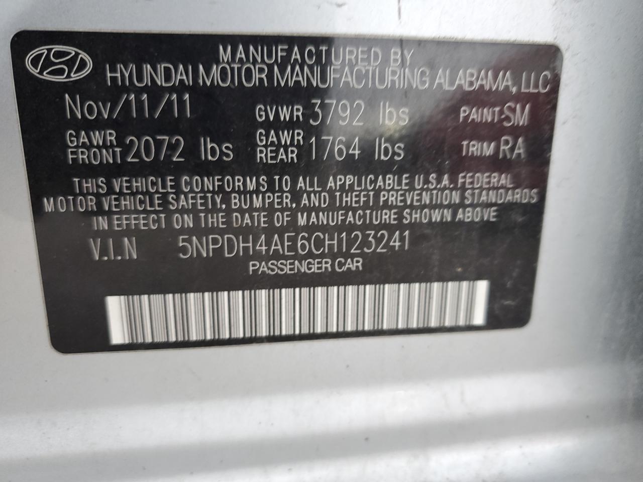 5NPDH4AE6CH123241 2012 Hyundai Elantra Gls