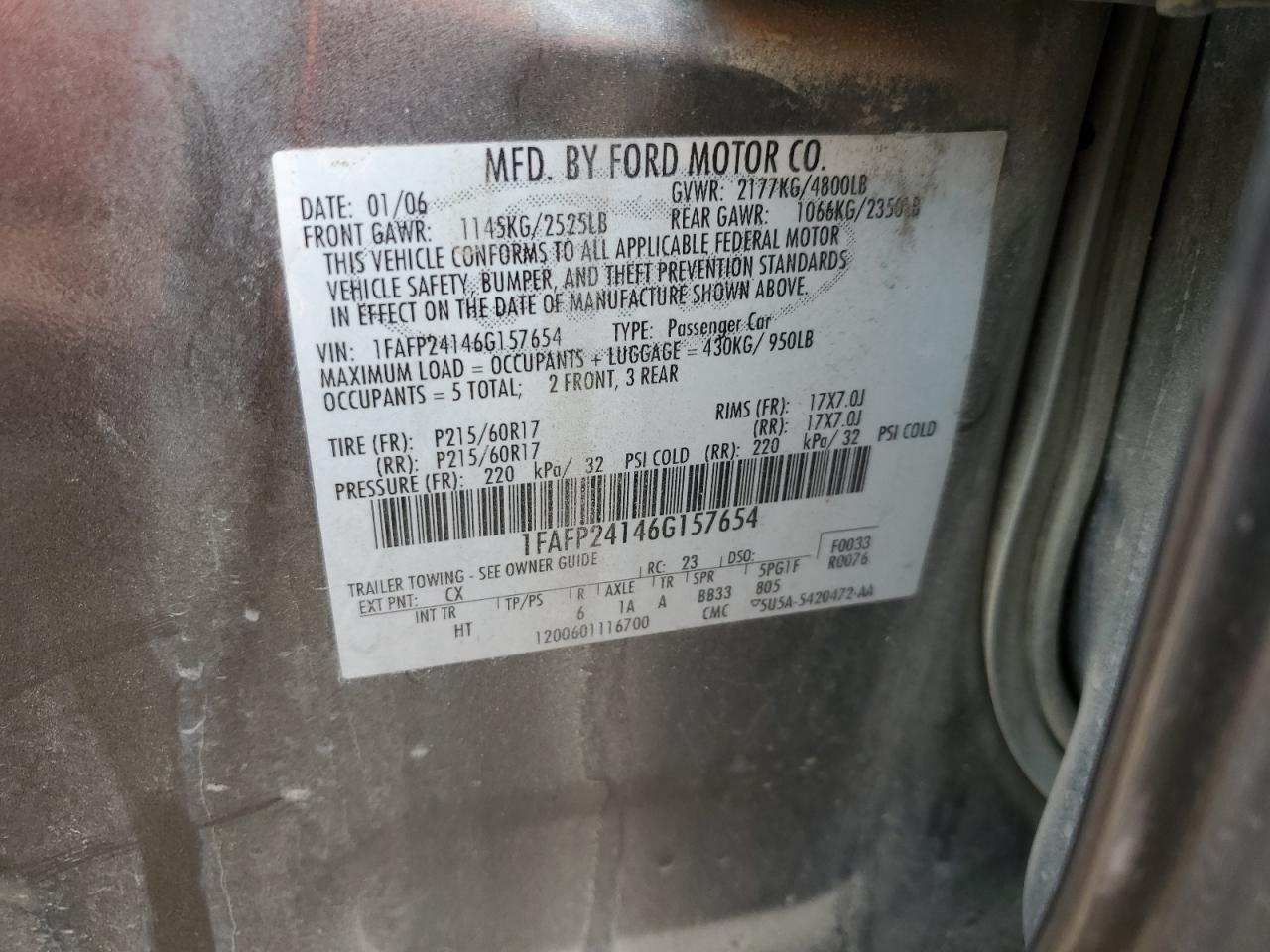 1FAFP24146G157654 2006 Ford Five Hundred Sel