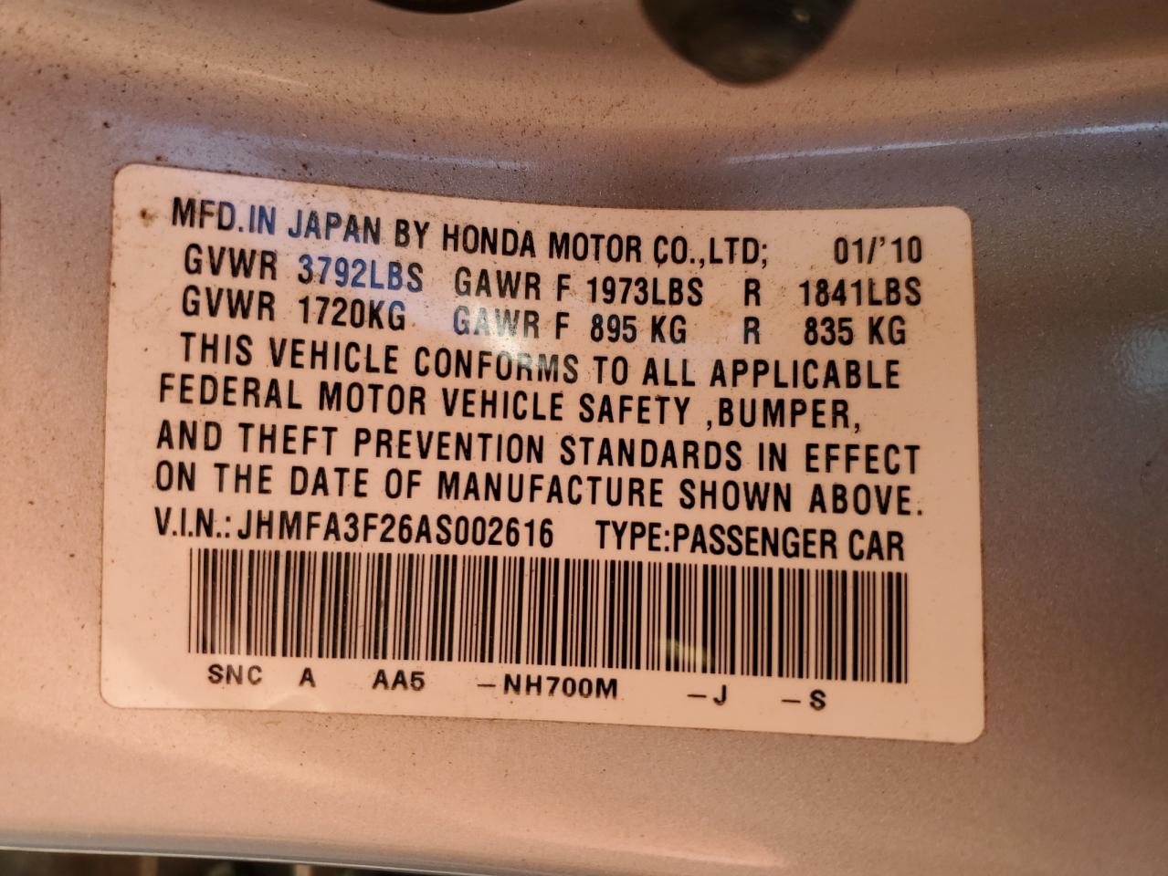 JHMFA3F26AS002616 2010 Honda Civic Hybrid