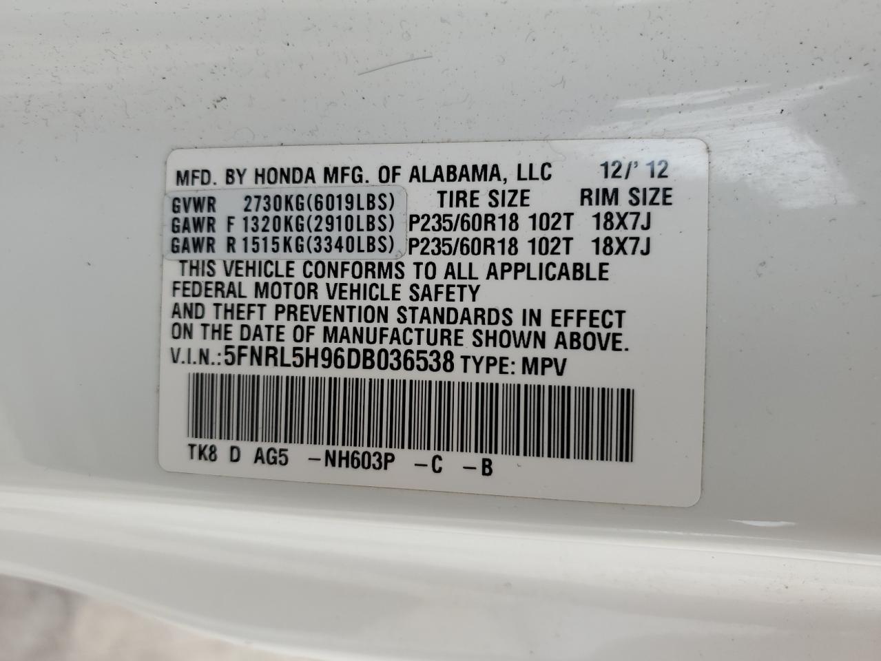 5FNRL5H96DB036538 2013 Honda Odyssey Touring