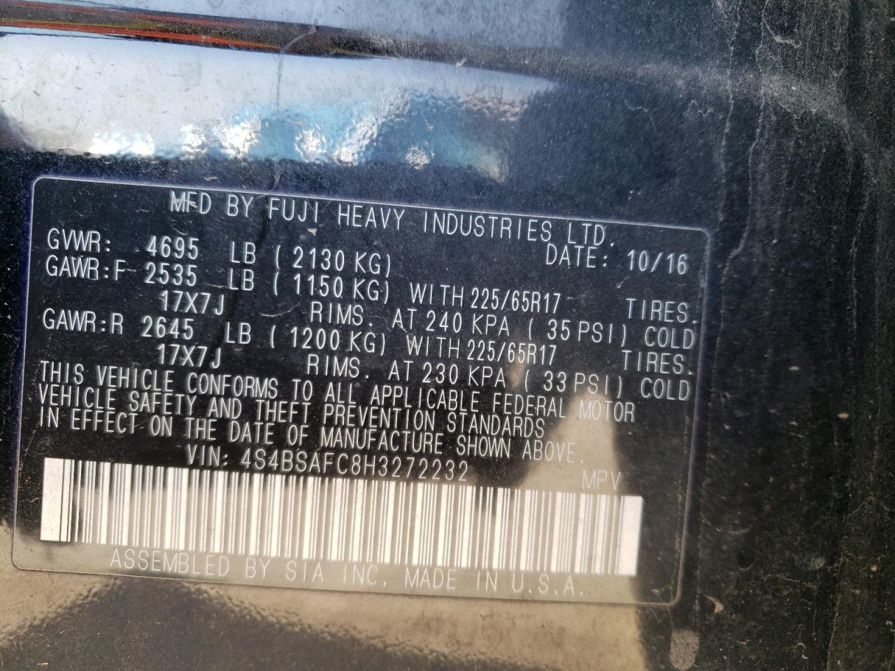 4S4BSAFC8H3272232 2017 Subaru Outback 2.5I Premium