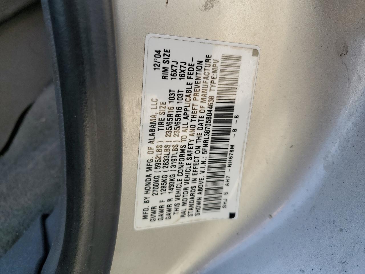 5FNRL38705B044638 2005 Honda Odyssey Exl