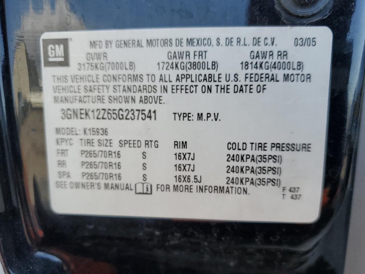 3GNEK12Z65G237541 2005 Chevrolet Avalanche K1500