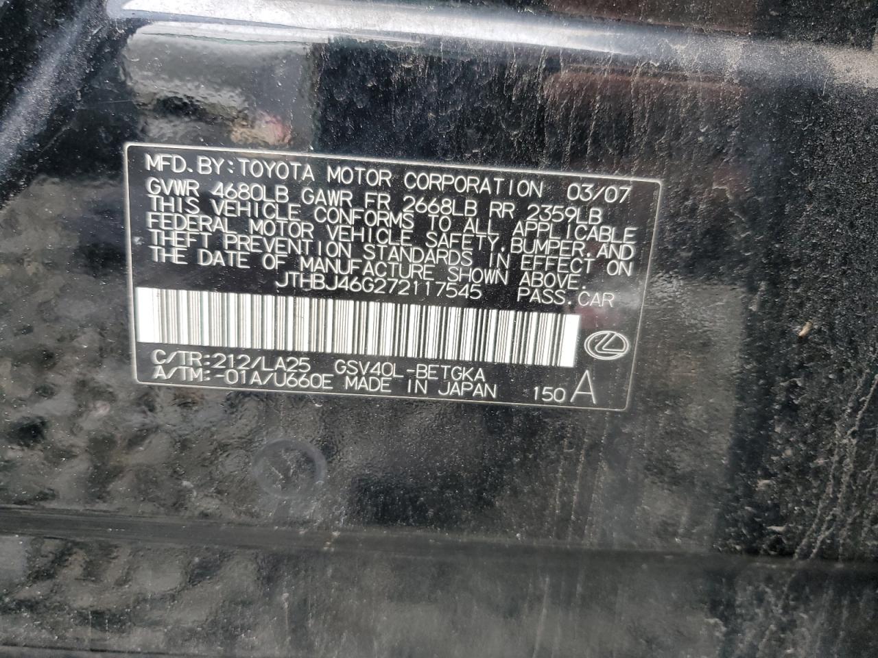 JTHBJ46G272117545 2007 Lexus Es 350