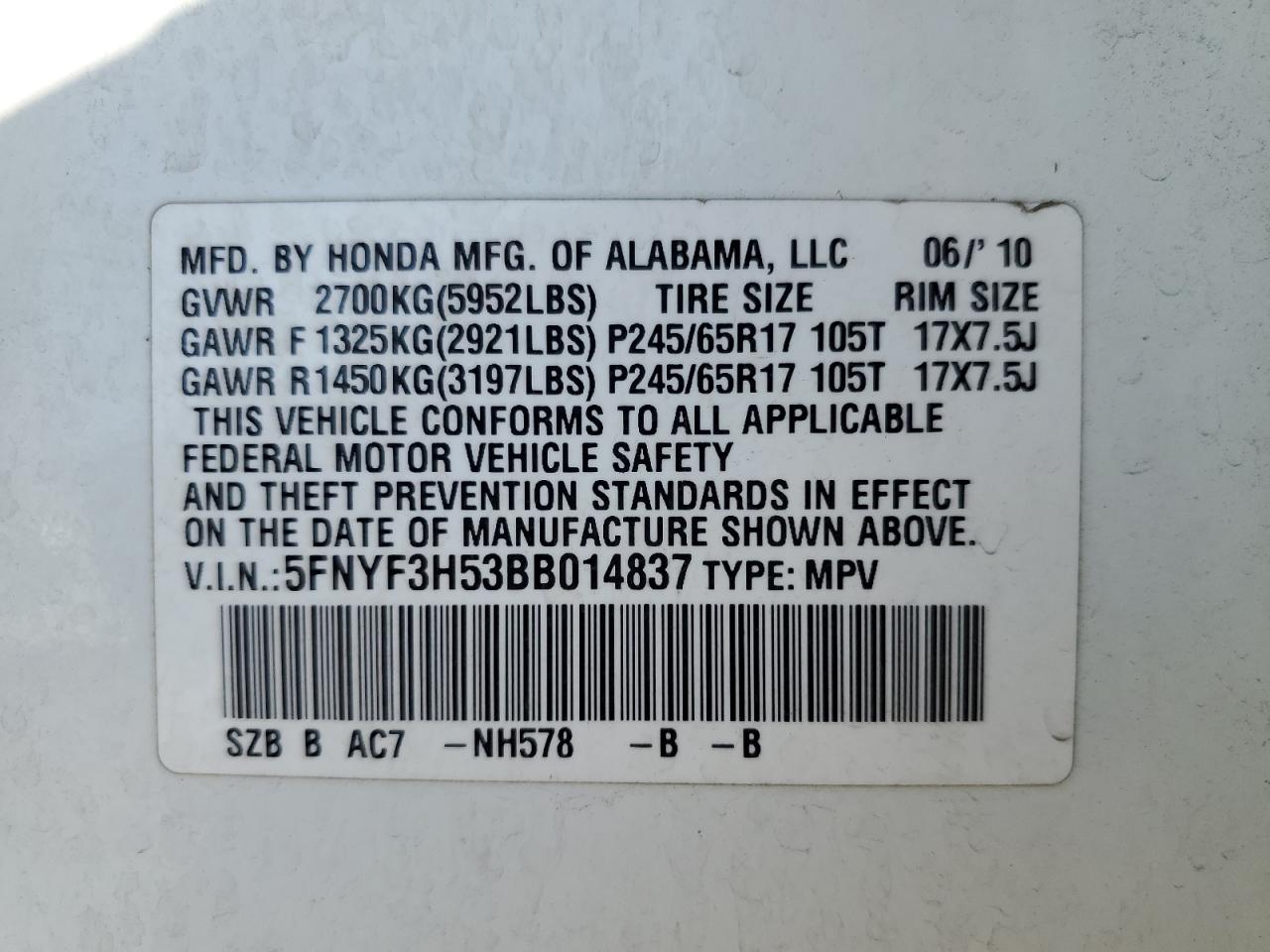 5FNYF3H53BB014837 2011 Honda Pilot Exl
